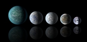 Sammenligning av planetstørrelser. Fra venstre: Kepler-22b, Kepler-69c, Kepler-62e og Kepler-62f (NASA).